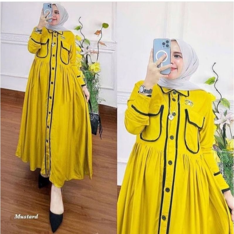 Midi dress Zafira - Dress midi katun adem - Midi dress polos Saku Dada
