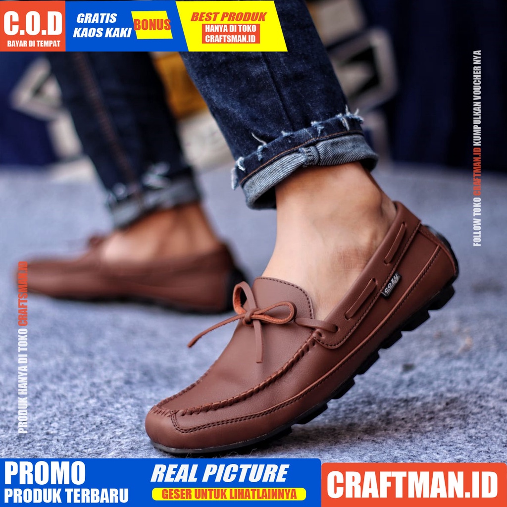HOUSTON Sepatu Slip On Pria Kulit Asli Sepatu Pria Casual Pantofel Kerja Sepatu Kasual Santai Kuliah Kondangan Semi Formal Gaya Keren Kekinian