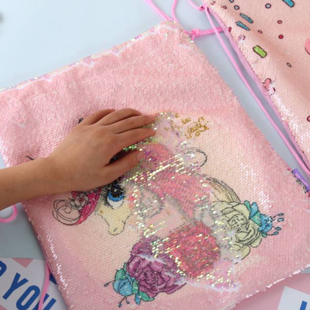 TAS SERUT MOTIF UNICORN / MERMAID REVERSE SEQUIN STRING BAG (SEQUIN BISA BOLAK BALIK) IMPORT BAGUS