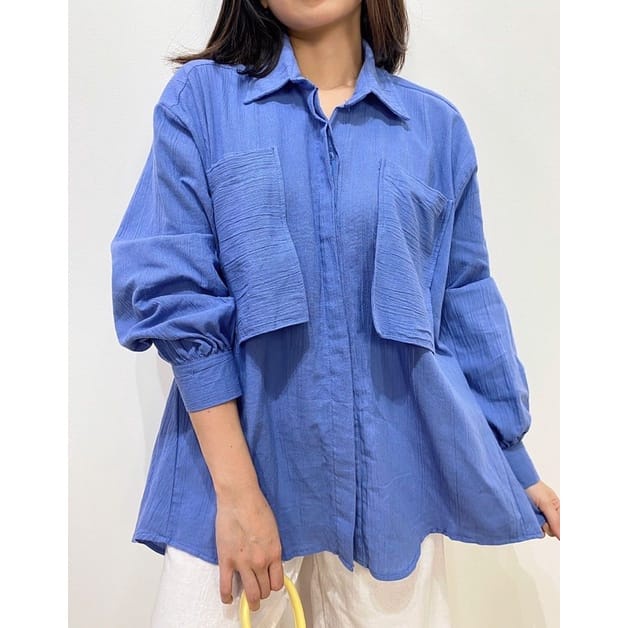 GMS - Alice Top Long Shirt Cringkle Oversize Pocket Ld 120 Fit S-XL Fashion Baju Atasan Blouse Kemeja Polos Casual Remaja Wanita Muslim Korean Style