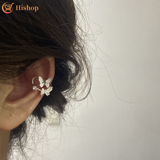 Anting Klip Desain Kupu-Kupu Aksen Kristal Warna Silver Untuk Wanita