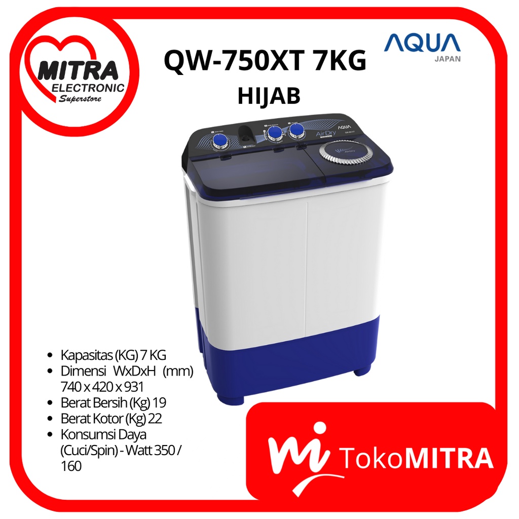 MESIN CUCI TWIN TUB MANUAL AQUA QW-750XT HIJAB 7KG