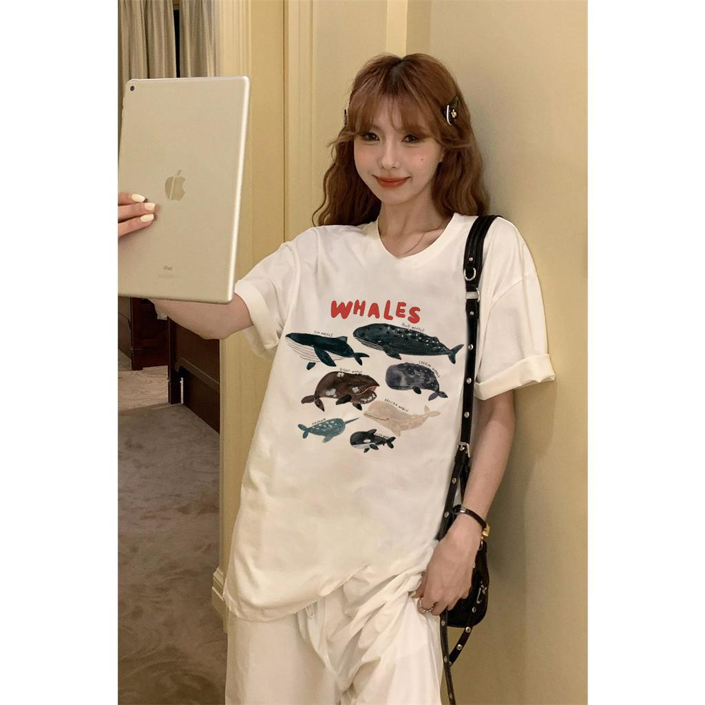 EUNII T-shirt Lengan Pendek Cartoon Fish Korean Style/Kaos Atasan Wanita/Baju Kaus Oversize Wanita/Kaos Wanita