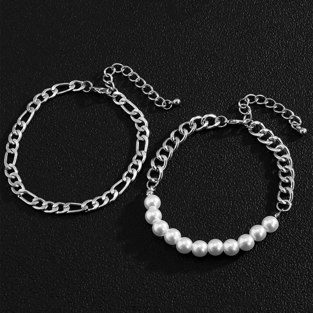 2pcs / Set Gelang Rantai Mutiara Imitasi Warna Silver Untuk Pria