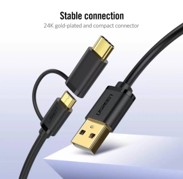 Ugreen Kabel Charger 2 in 1 Micro Usb &amp; Type C 2.4 A Fast Charging