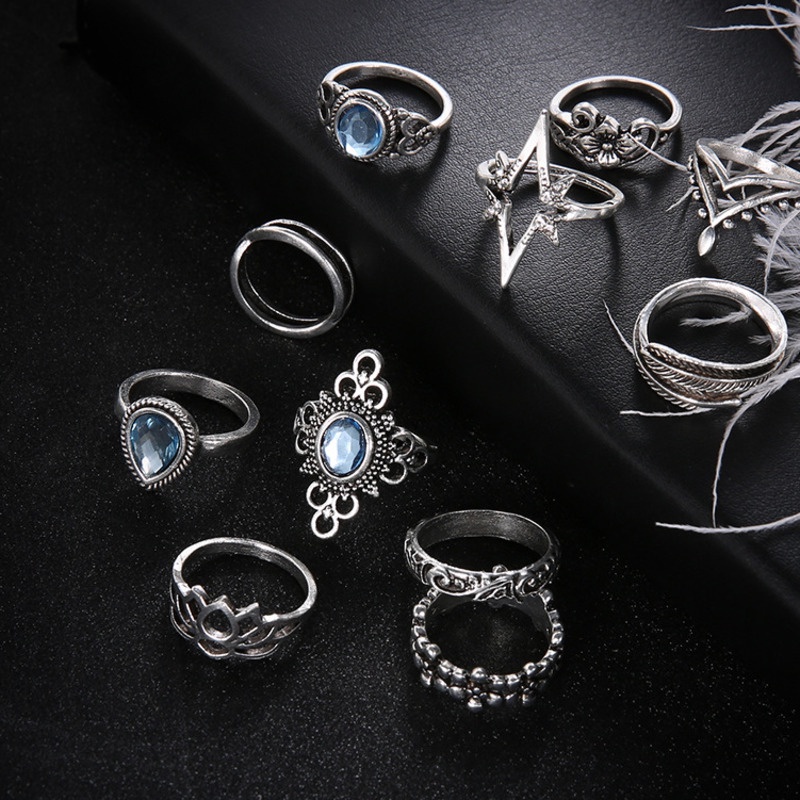 11-piece Gemstone Ring Accessories Retro Personality Harajuku