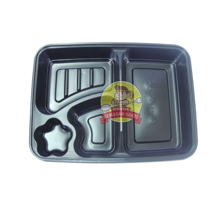 SHp2 Mika Box Bento Hitam PET / Box Bento 4 Sekat Hitam / Mika Bento Sekat PET Murah