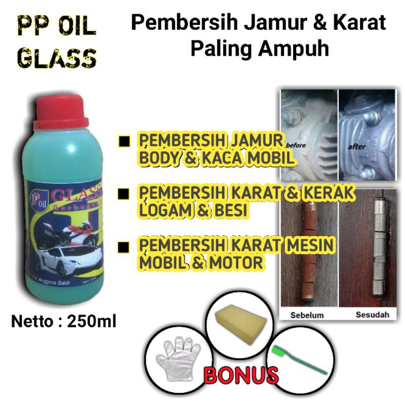 PP OIL GLASS 250ml Penghilang Jamur Kaca Mobil Dan Pembersih Karat Serta untuk Perawatan Mesin Mobil