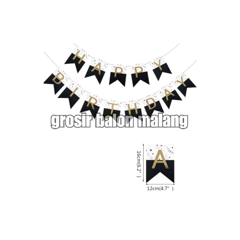 bunting flag banner hitam putih gold happy birthday ulang tahun NEW