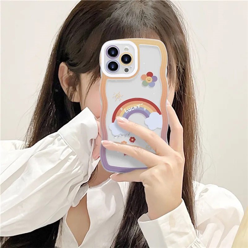 Soft Case TPU Transparan Pinggiran Gelombang Pelangi Cover iPhone 14 13 12 11 Pro Max X Xr Xs Max 8 7 6 6s Plus