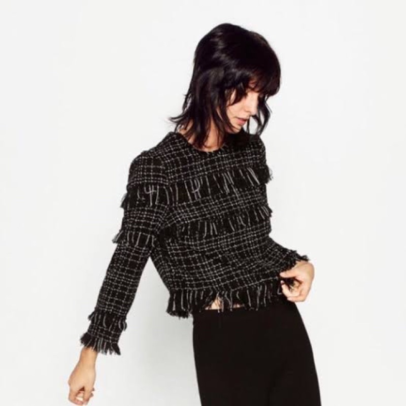 preloved zara black tweed blouse unfinished