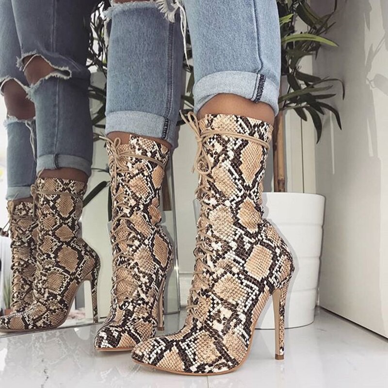 2019 Fashion Women 11.5cm High Heels Fetish Leather Stripper Boots Serpentine Lace Up Ankle Boots
