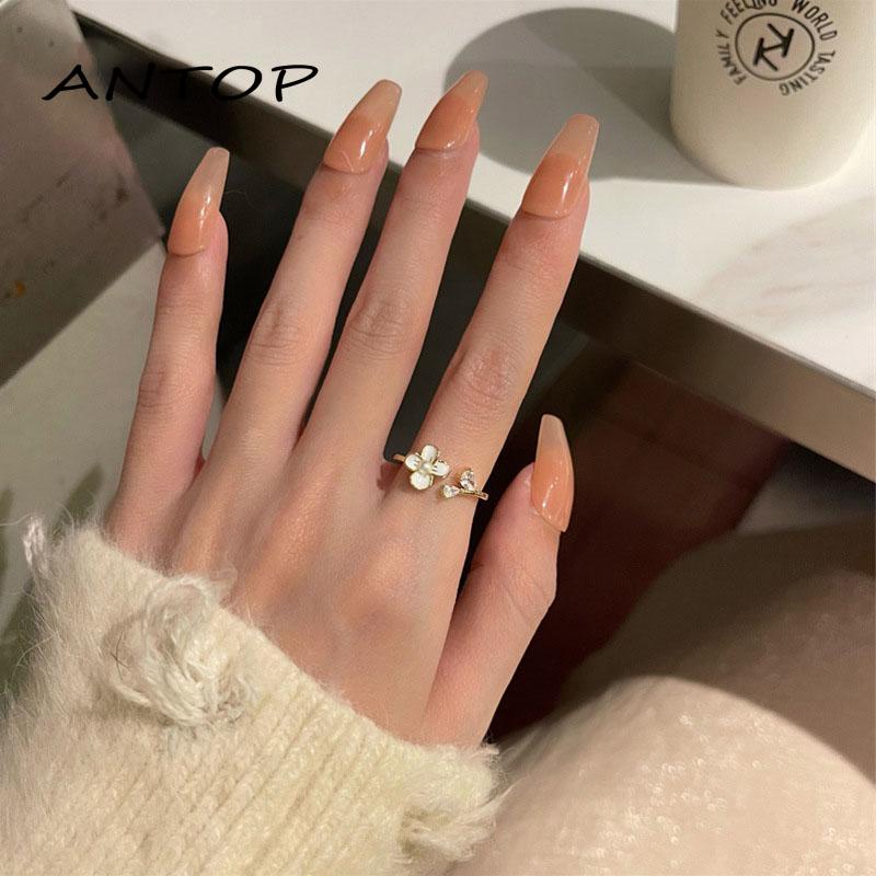 Sayishop Cincin Model Terbuka Desain Bunga Hias Mutiara  zircon adjustable Untuk Wanita