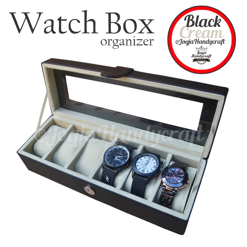 Black Cream Watch Box / Kotak Tempat Jam Tangan Isi 6