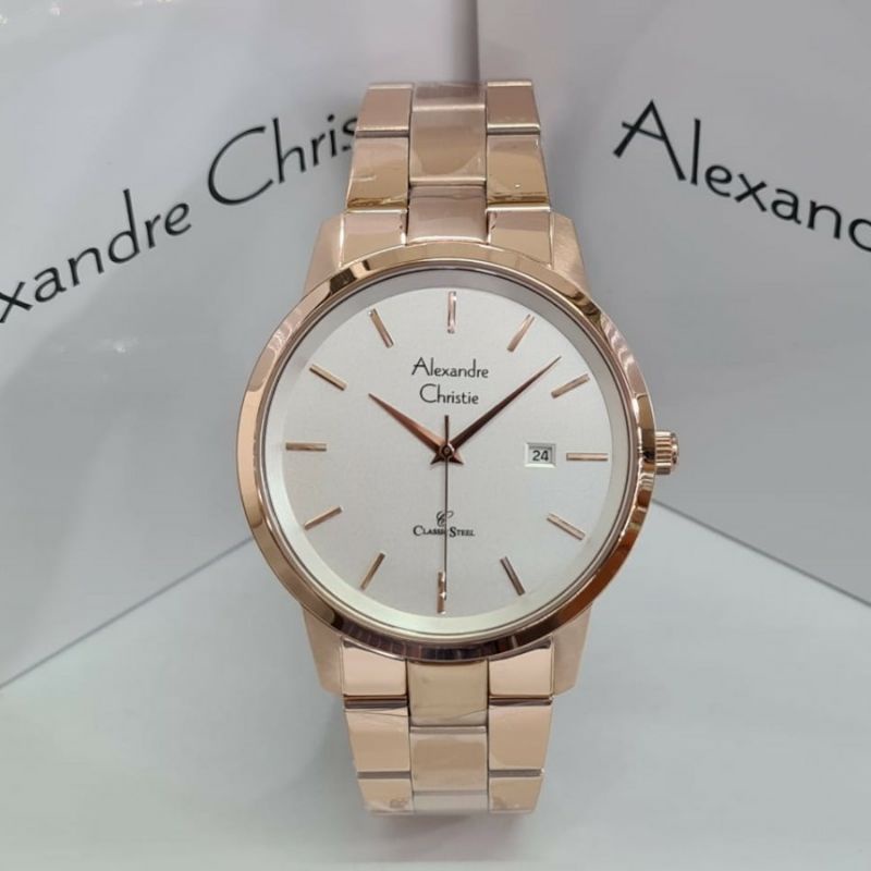 jam tangan alexandre christie pria simple klasik AC 8645 rantai rose analog