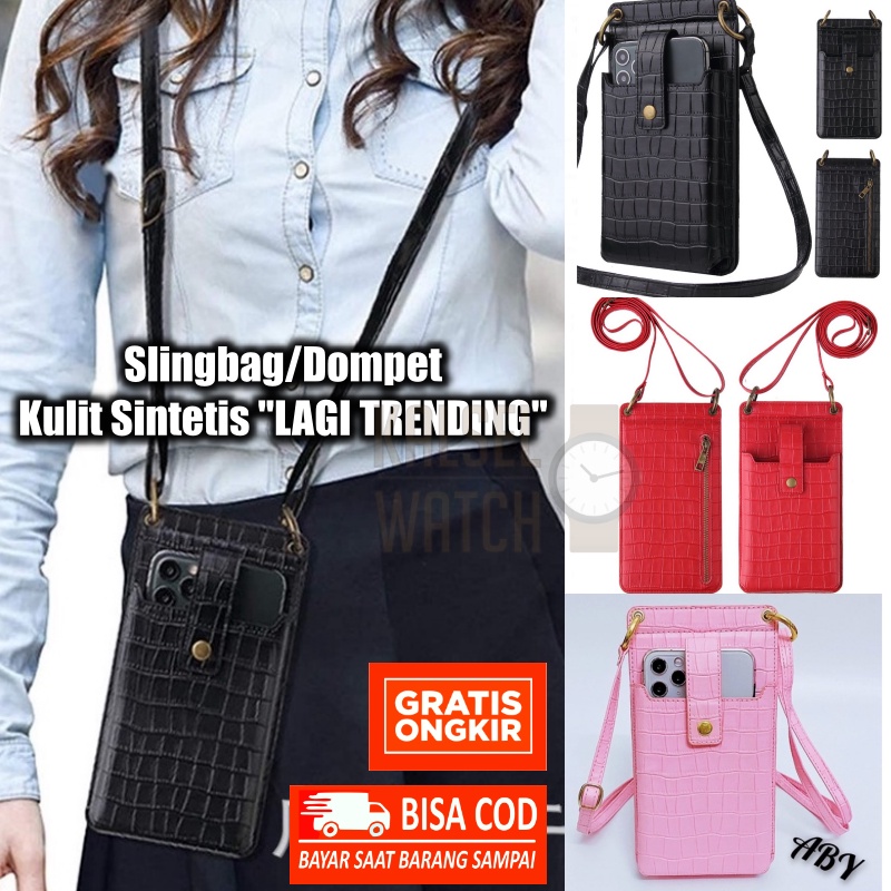 Tas Import Dompet Pocket Tempat HP Wanita Selempang HP Wanita Croco Sling Pouch Hand Bag Slempang Handphone Cewek Kulit Sintetis PU D12