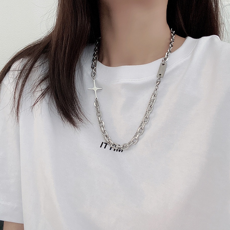 Kalung Rantai Salib Bahan Metal Warna Silver Gaya Hip Hop Korea Untuk Unisex