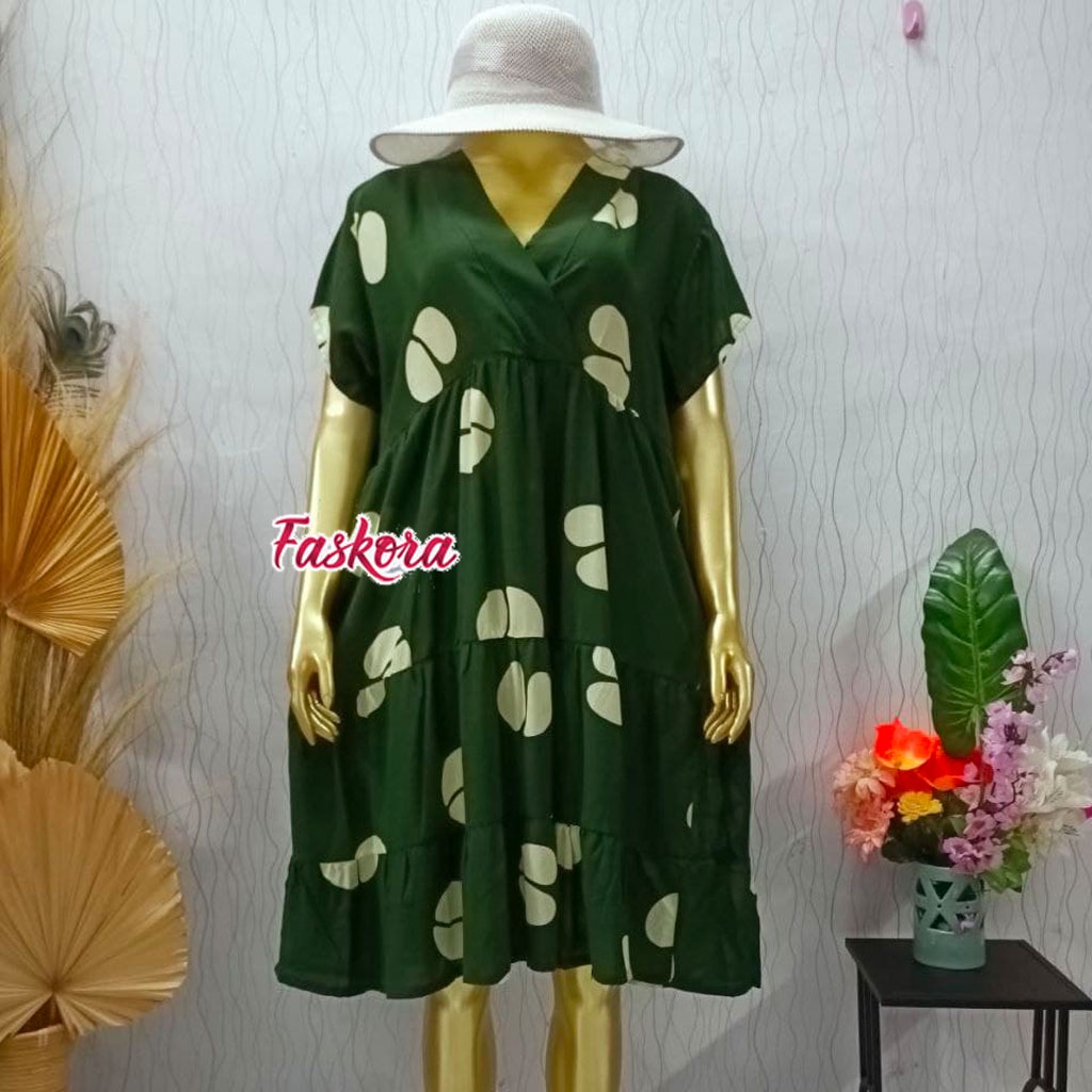 Dress Ruffle Wanita Dewasa Rayon Midi Busui Friendly Motif Kopi