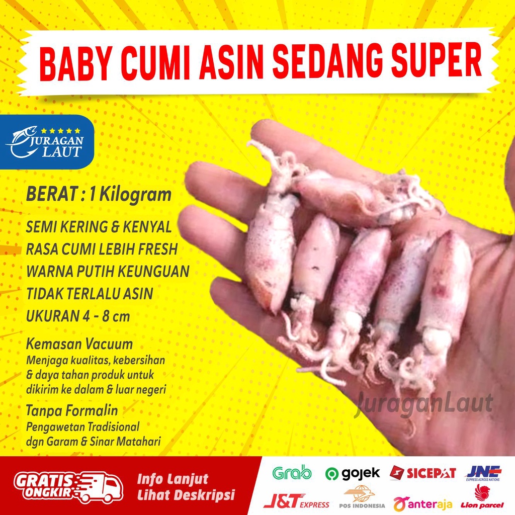 

Baby Cumi Cumi Asin Sedang Besar Semi Kering Fresh Premium 1kg size 4 - 6 cm