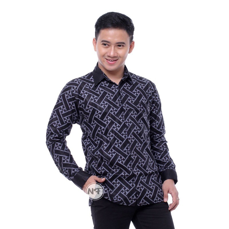 Batik Pria Lengan Panjang BATIK AZMIL HRB026 motif KERATONAN Kode 002 size M L XL XXL Reguler-Pagar abu