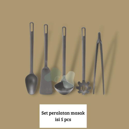 Peralatan dapur/ peralatan masak/ sudip/ sutil/ sendok sup/ sendok pasta/ capitan masak set isi 5, abu-abu