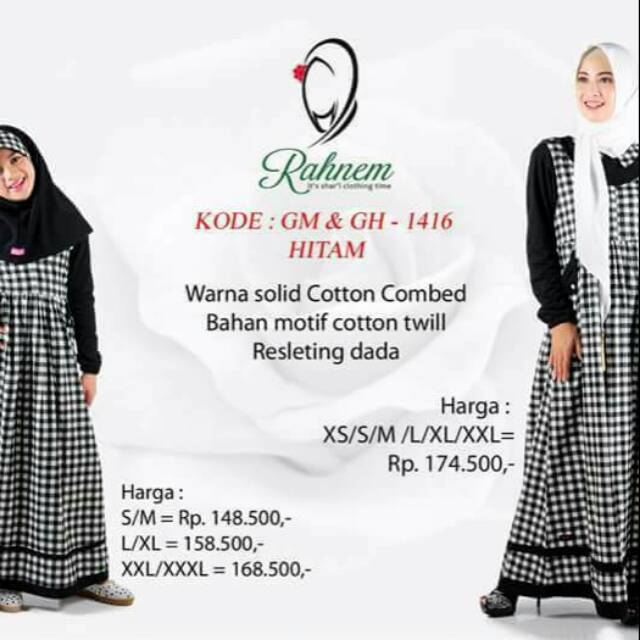 Rahnem gamis dewasa GM 1416 sdh diskon dr 174.500 katun twill,  motif kotak hitam busui