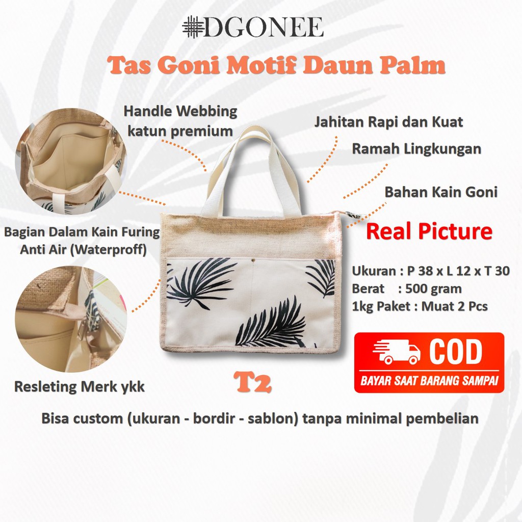 Dgonee T2 Daun Palm Tas Tote Bag Totebag Kain Goni Belanja Kerja Kuliah Wanita Custom | T202