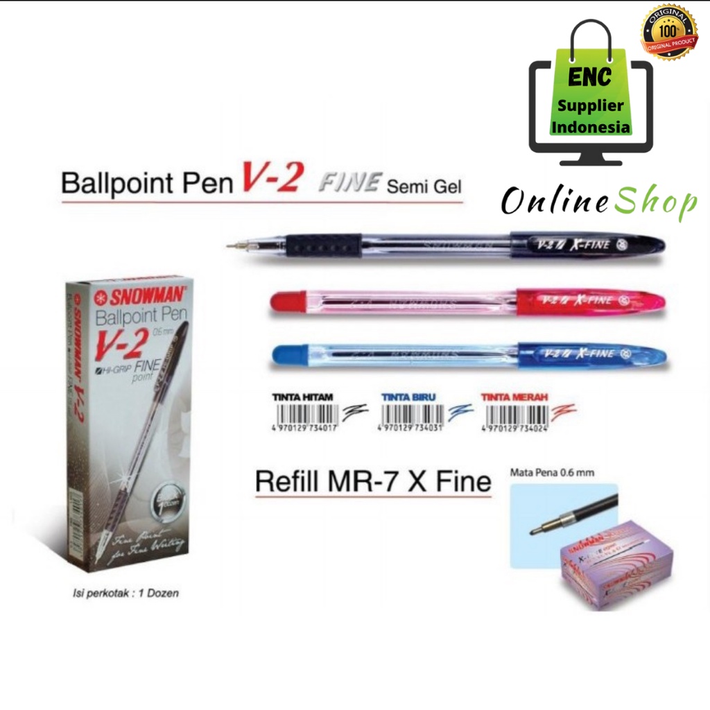 

snowman 6 buah Pen v2 snowman bolpen v 2 higrip bolpoint pena v - 2 pulpen fine point hi-grip pen v-2 per 6 pcs - enc.sup