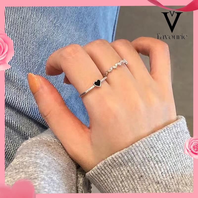 [COD]2 pcs Cincin Korea Cinta Zirkon Hitam Wanita High-end Fashion Kepribadian Jari Telunjuk Cincin-FA