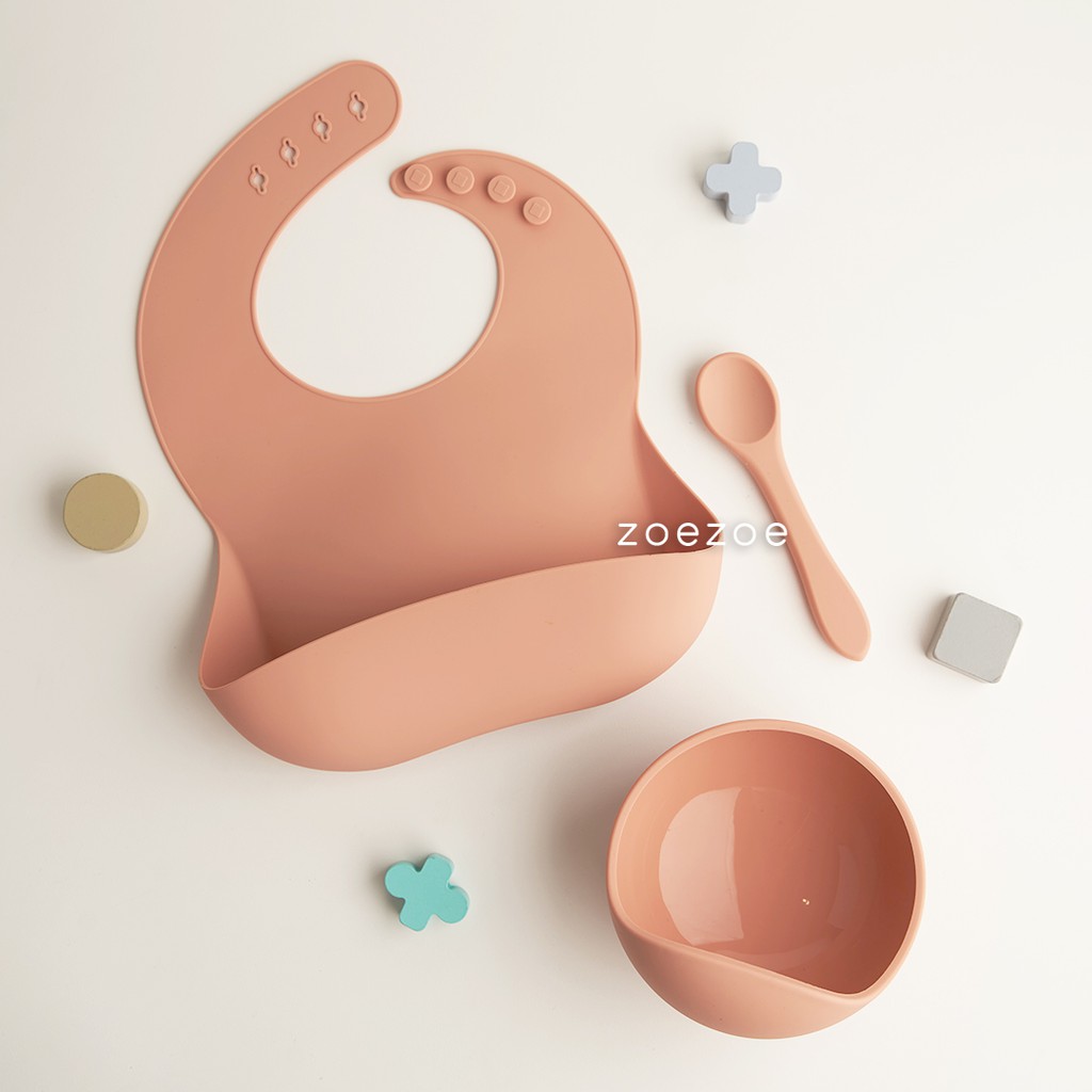 ZOEZOE Silicone Bib Suction Plate Bowl Spoon Set Celemek Piring Mangkok Sendok Makan Bayi Silikon