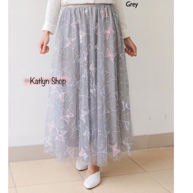 Rok Tutu Kupu Kupu 3D Timbul Panjang / Tutu Maxi Skirt Import ButterFly Embroidery - Katlyn Shop-Kupu Sequin - Grey