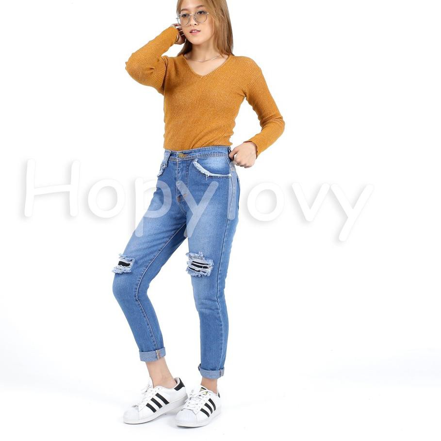 Terbaru HOPYLOVY Celana  Jeans Boyfriend  Wanita Ripped 