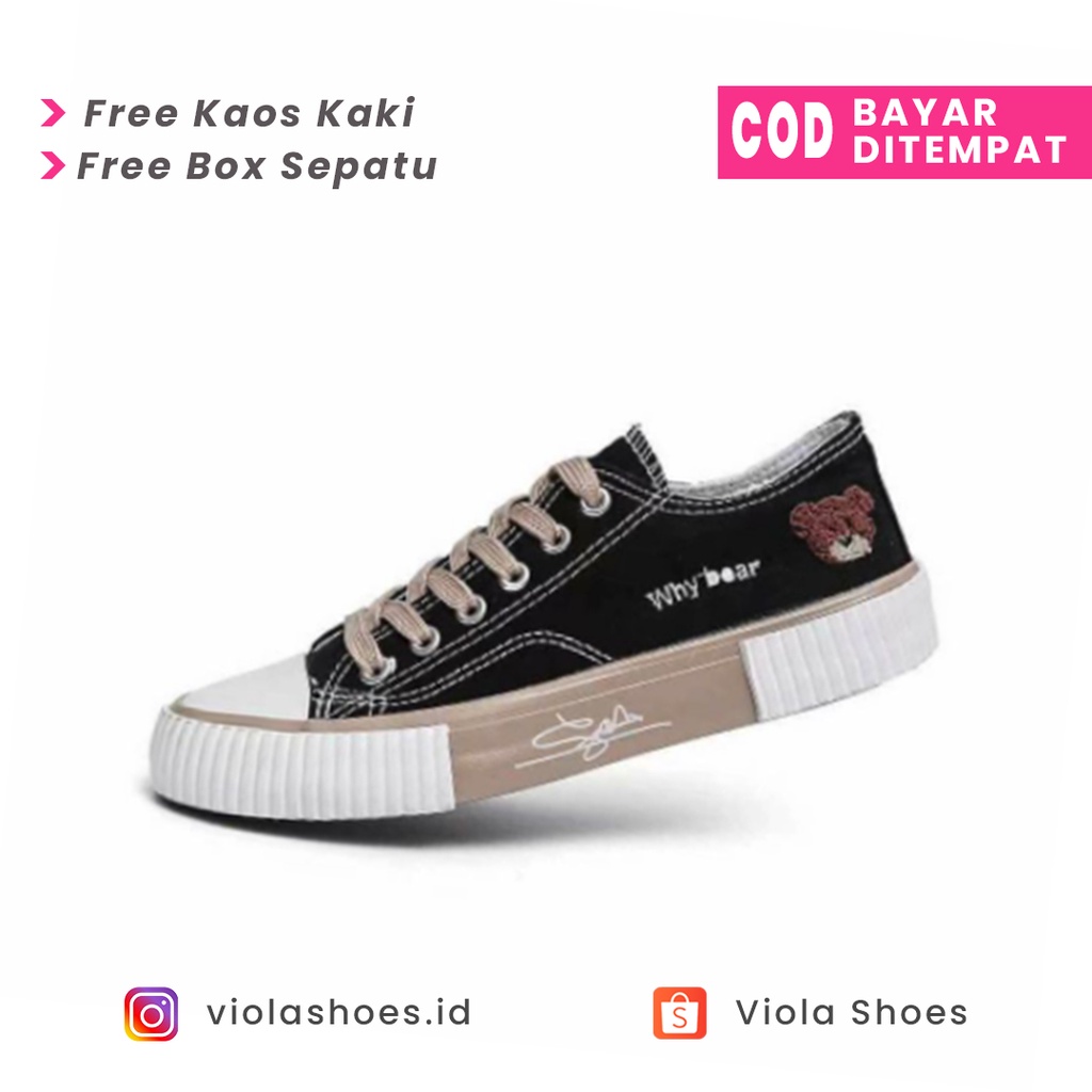 COD/BAYAR DITEMPAT Sepatu Wanita Sneakers Tali Kanvas Model Terbaru 2021 Trendy dan Elegan With Box-Hitam List Coklat