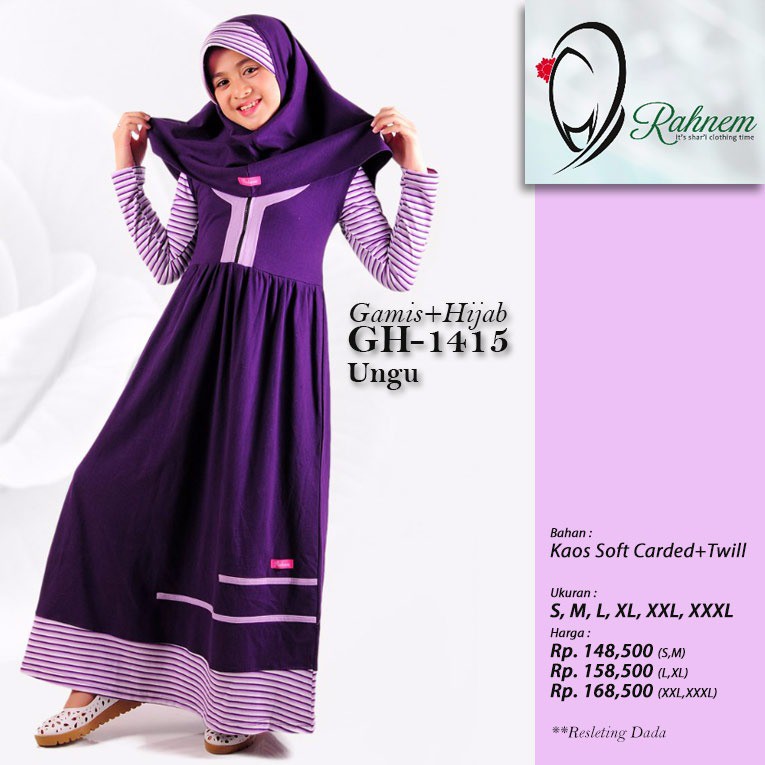 PROMO  Gamis Anak Plus Kerudung Rahnem Gaun Muslim Anak Ungu Garis Garis