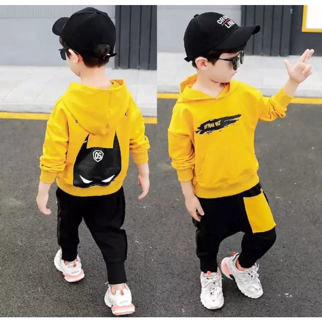 NUR - HOODIES SET | SETELAN MUSIM DINGIN ANAK LAKI-LAKI DAN PEREMPUAN SETELAN HOODIE BATMAN KUNING CELANA BABYTERRY 1-5 TAHUN