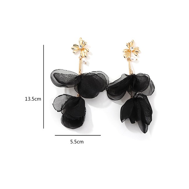 LRC Anting Tusuk Fashion Black Fabric Flower Long Pearl Earrings D94448