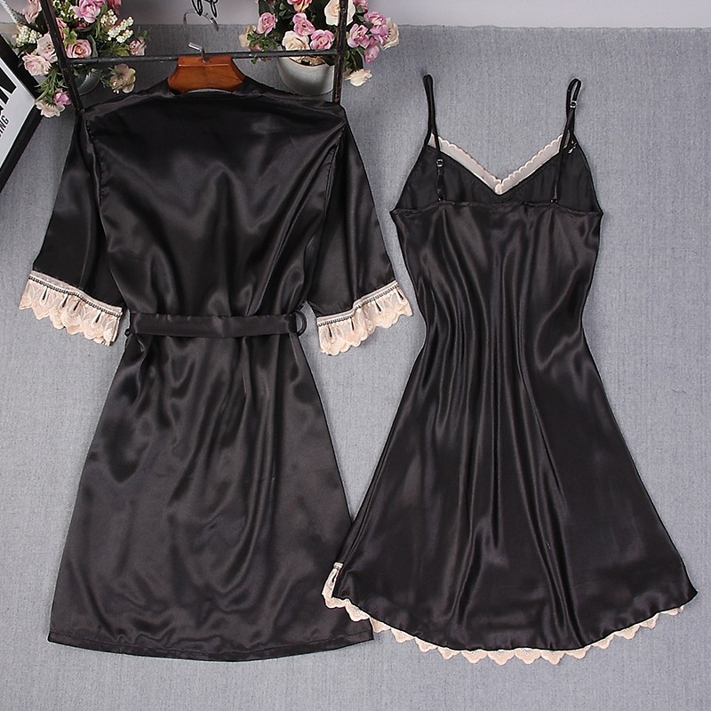 Suspenders Pajamas Women's Summer Sexy Ladies Nightdress +Night-robe 2pcs