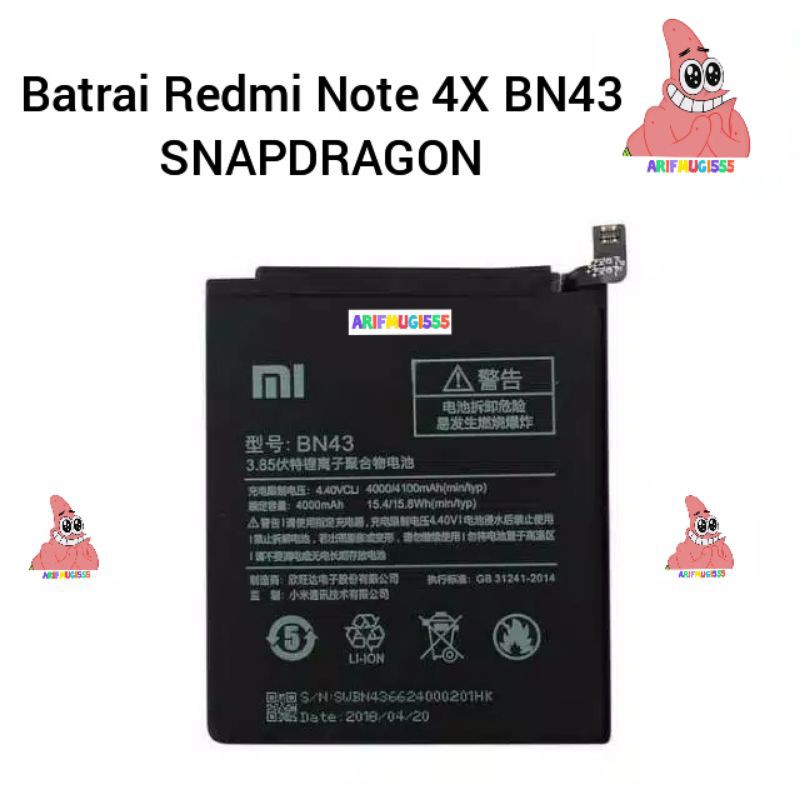 Batrai Battery Baterai Batu Batre Xiaomi Redmi Note 4X BN43 Snapdragon Original