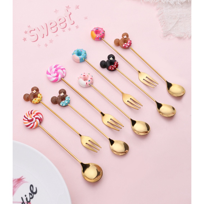 CAFE Sendok Garpu Lucu Dessert kecil karakter anak scoop spoon fork korea mini teh Gold teaspoon imu