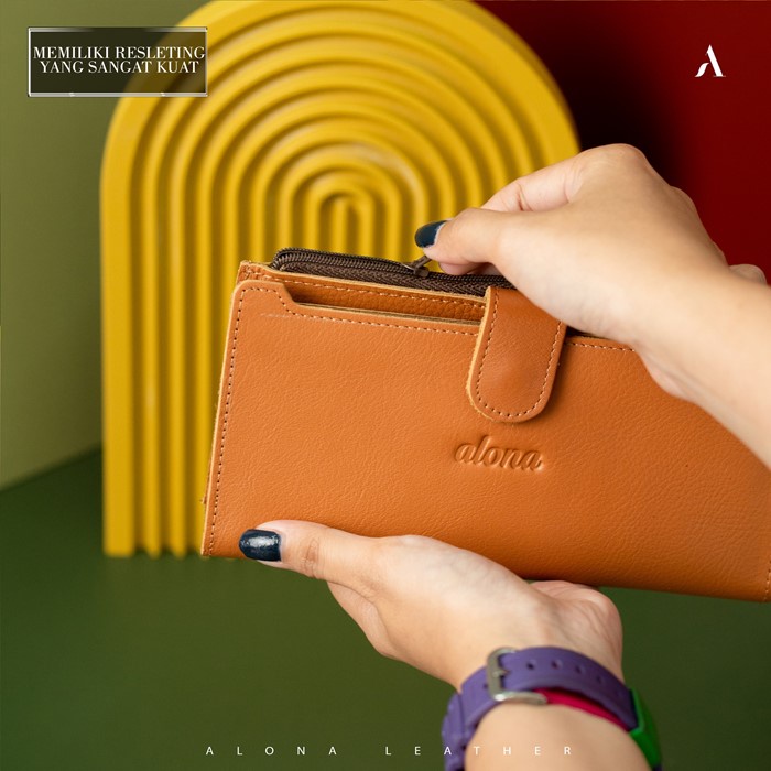 Dompet Panjang Kulit Wanita Branded Alona Evelyn Leather Wallet Bahan 100% Kulit Sapi Asli Original Premium Cewek Terbaru