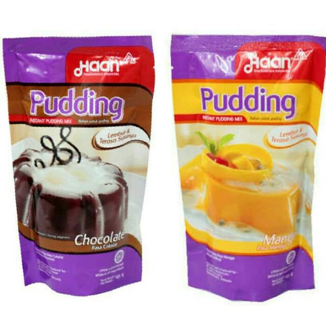 

PUDDING INSTAN 145 GR BUBUK PUDING SIAP PAKAI COKLAT MANGGA HAAN PREMIX