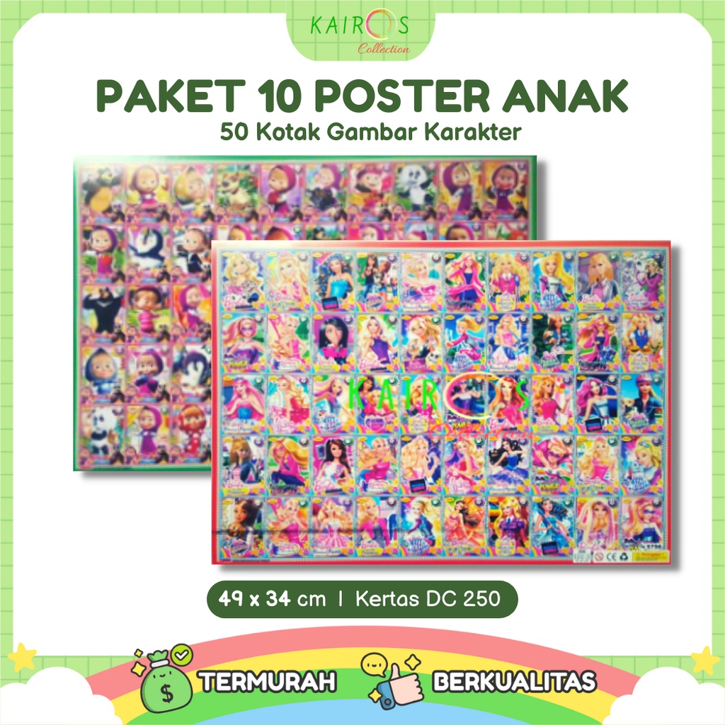 Paket 10 Poster Anak Edukasi Belajar Aneka Karakter 50 Kotak