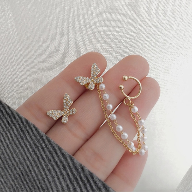 [Featured] 1 Pair Minimalist Asymmetrical Crystal Butterfly Ear Bone Gold Clip Earring / Ladies Elegant Simulation Pearl Earrings  With Long Chain