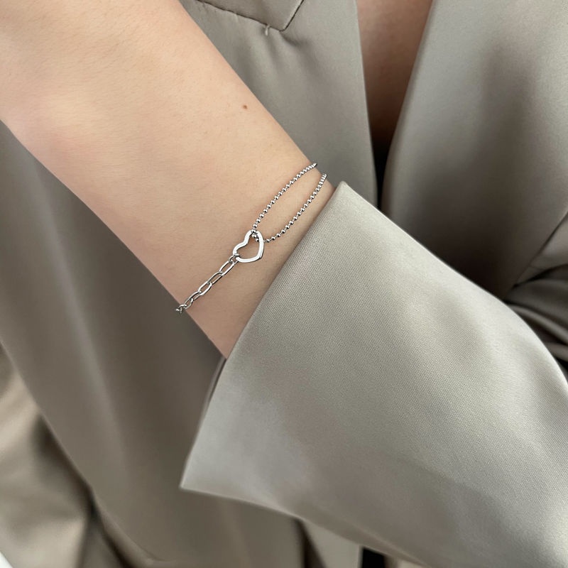 Ins gaya keren hollow hati perak gelang wanita Korea sederhana fashion kreatif double-layer jahitan