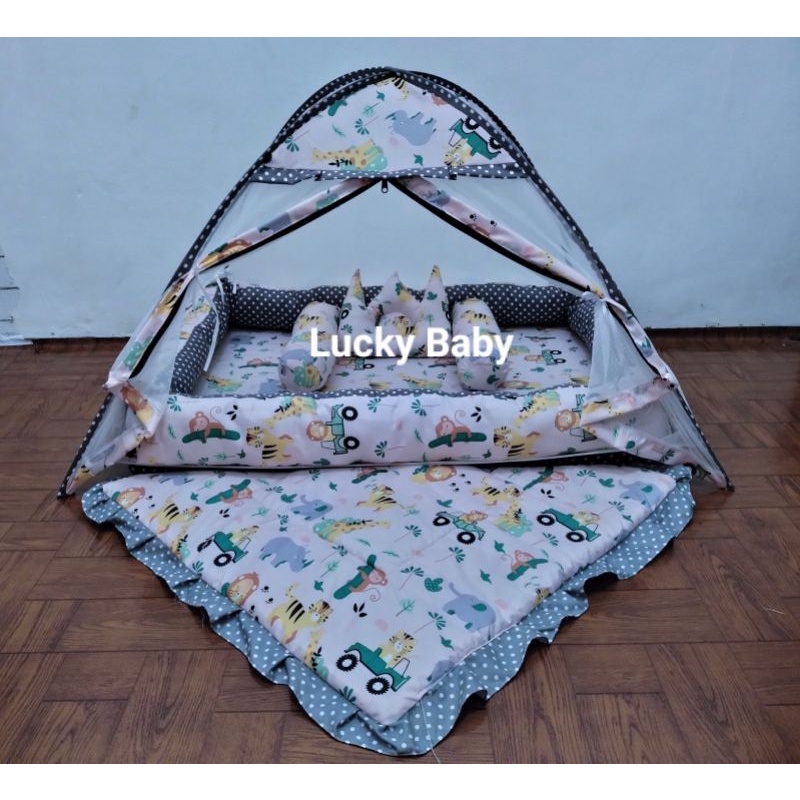 Kasur Bayi Kolam Kulambu tenda Motif karakter set selimut-Badak peach selimut