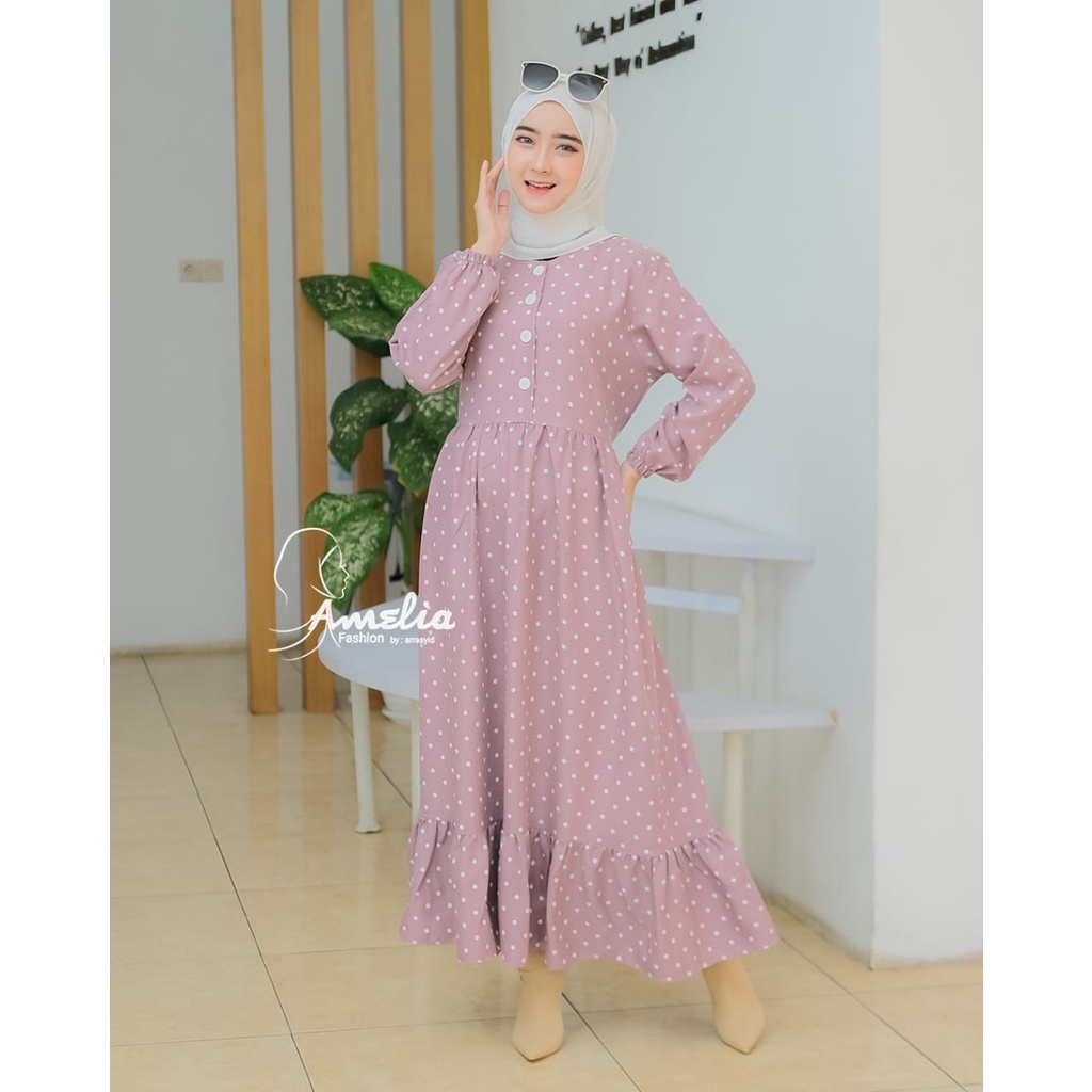 Midi Dress ori Amelia motif polka dan kotak square model cantik fashionable