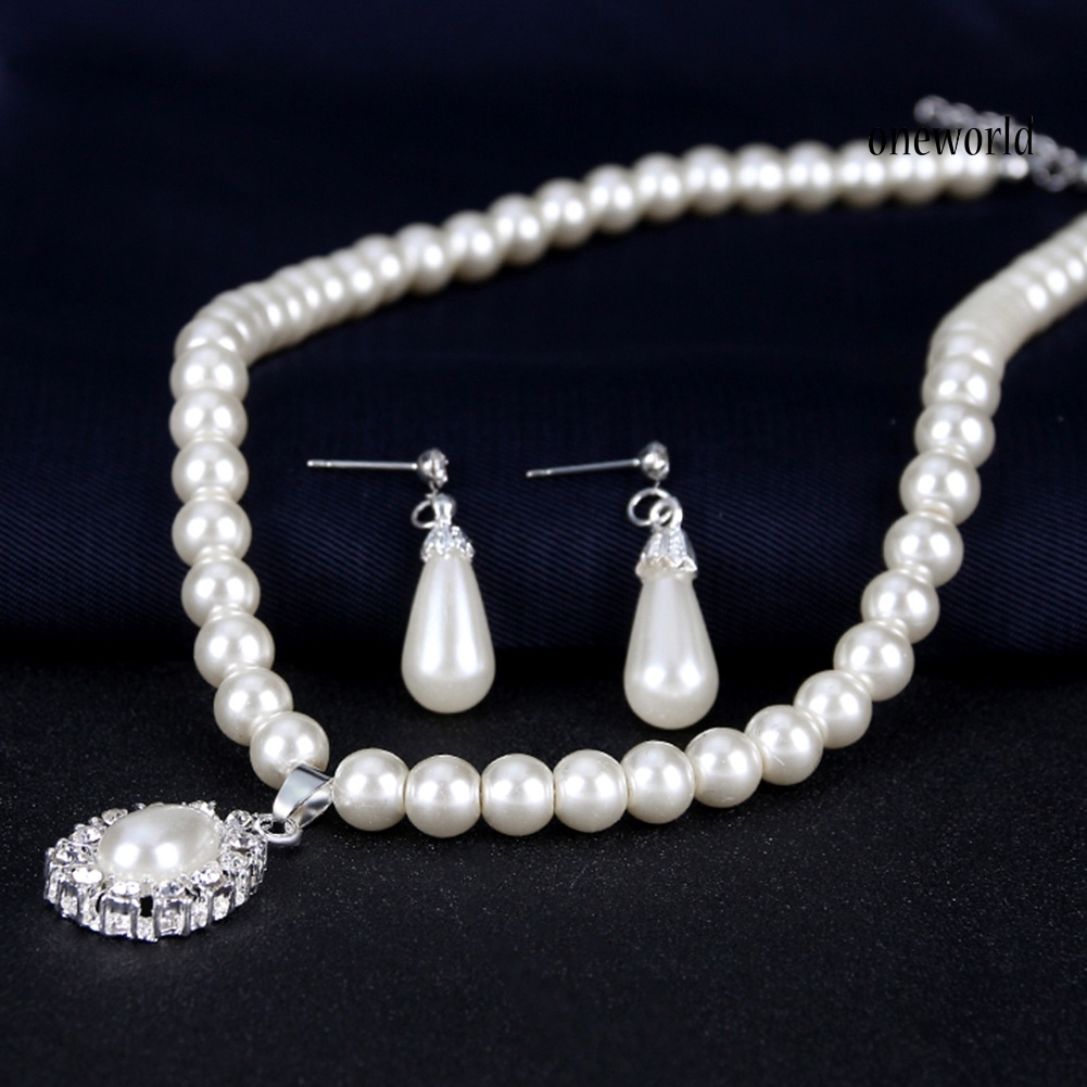 OW@ Royal Style Princess Imitation Pearl Teardrop Pendant Elegant Necklace Earrings