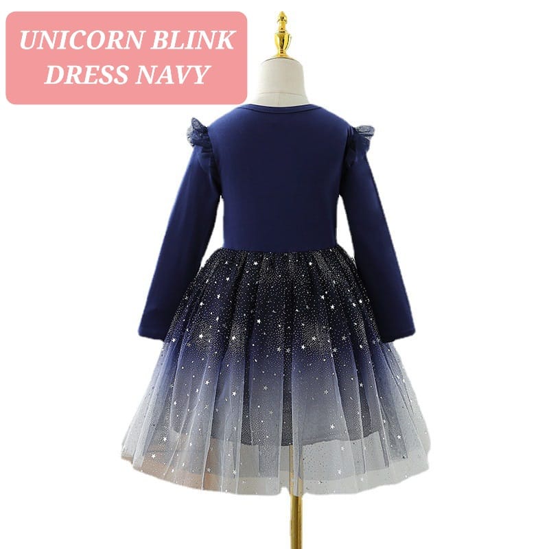 UNICORN BLINK DRESS NAVY BAJU DRES PESTA ANAK PEREMPUAN KOREA IMPORT LENGAN PANJANG