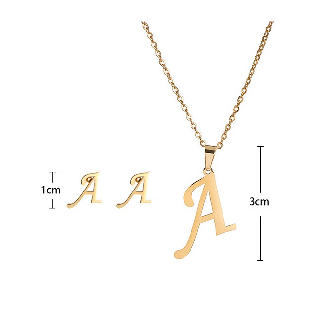 LRC Kalung Abjad Fashion A Gold Stainless Steel Letter Necklace Earrings Two-piece A-N