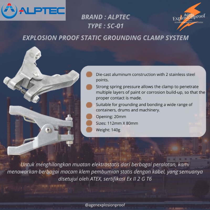 Jual ALPTEC Static Grounding Clamp type SC 01 20mm jaws, ATEX Approved ...